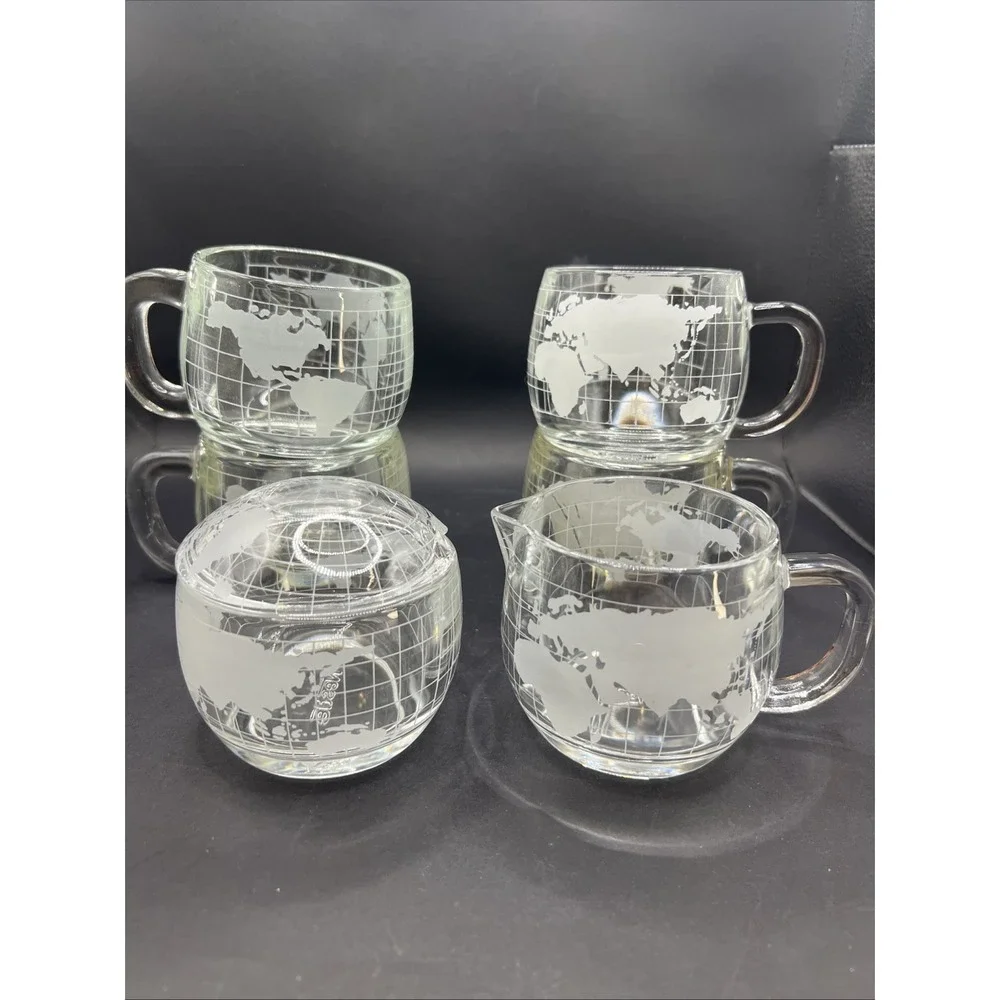 Vintage Nestle Nescafe Glass Coffee Mugs Set of 4 World Globe Creamer Sugar Lid